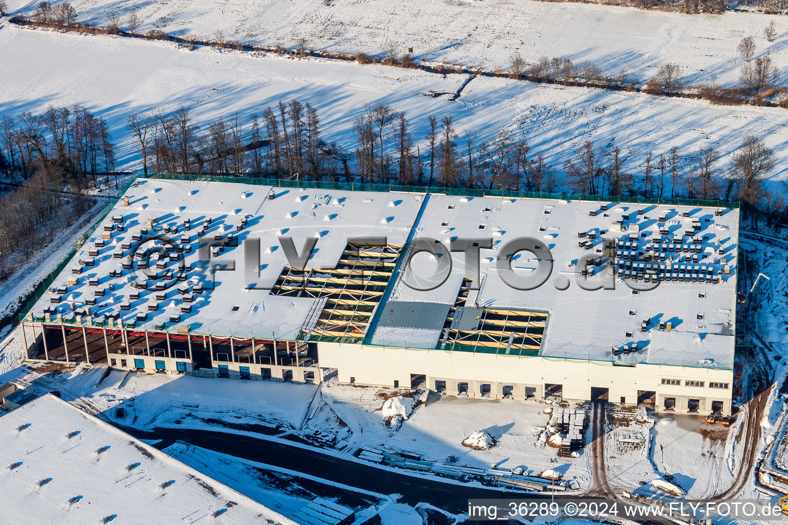 New building construction site in the industrial park Horst for Friedrich Zufall GmbH & Co. KG Internationale Spedition in the district Gewerbegebiet Horst in Kandel in the state Rhineland-Palatinate, Germany seen from above