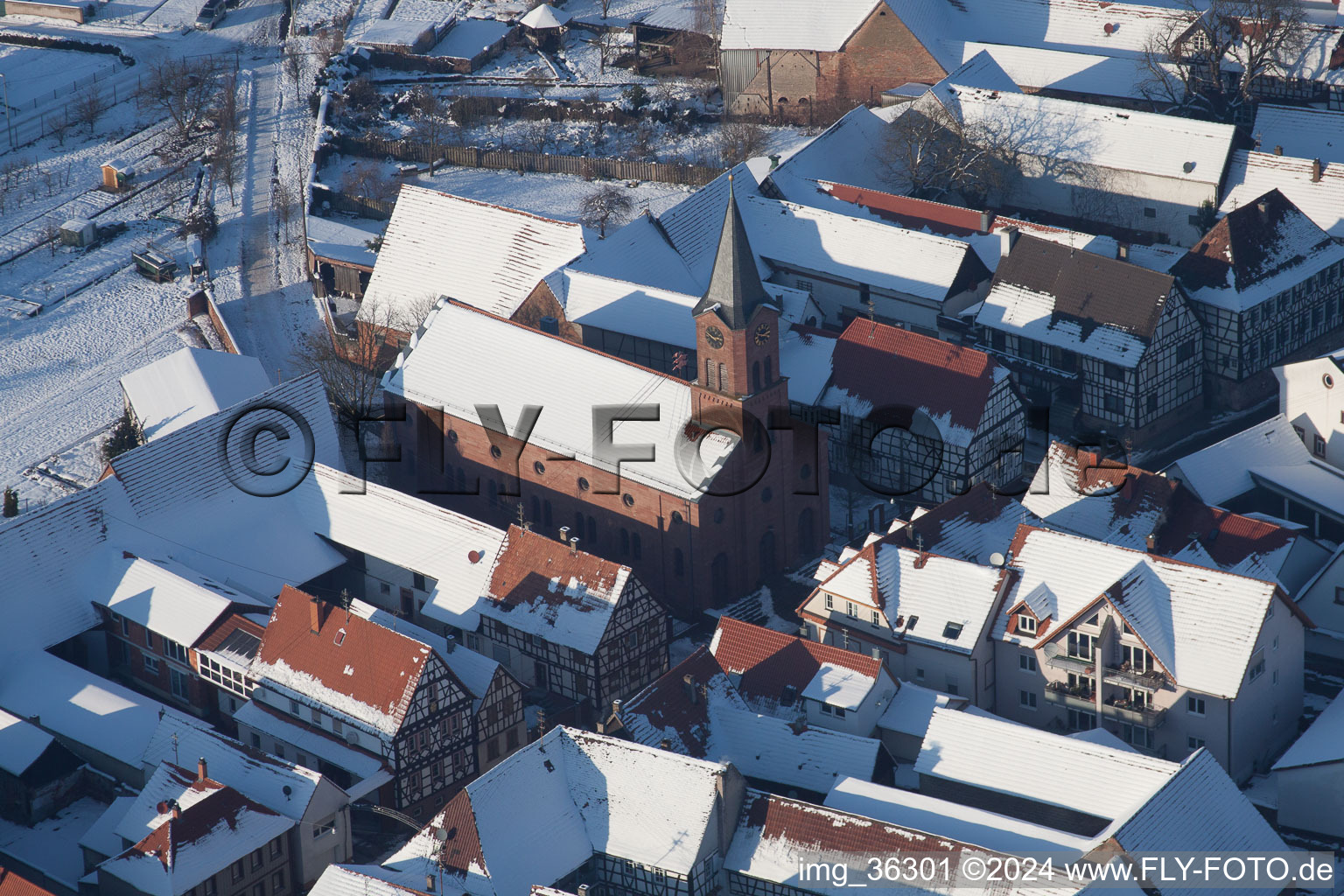 Church in Steinweiler in the state Rhineland-Palatinate, Germany from above