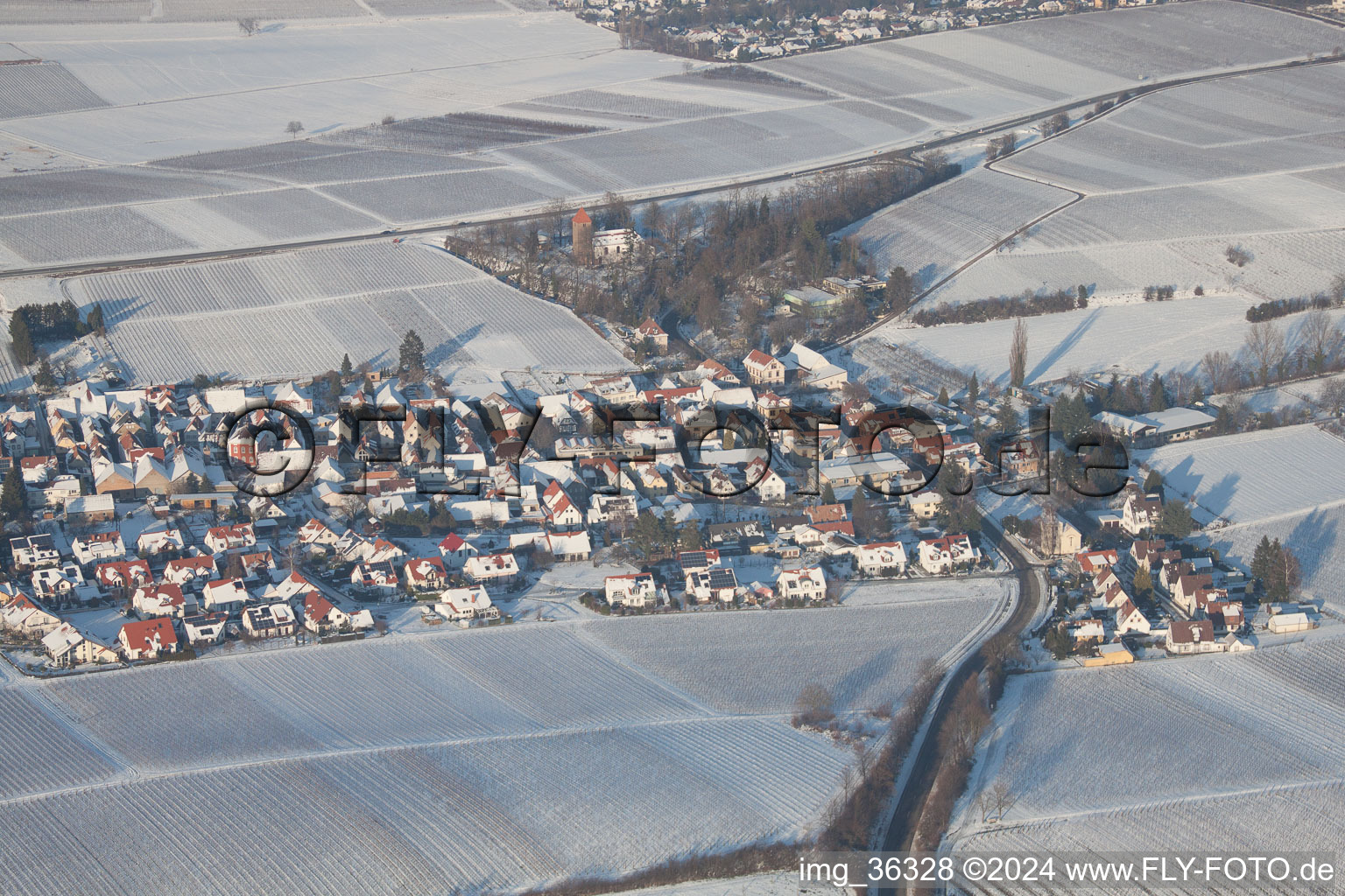 In winter in the snow in the district Mörzheim in Landau in der Pfalz in the state Rhineland-Palatinate, Germany