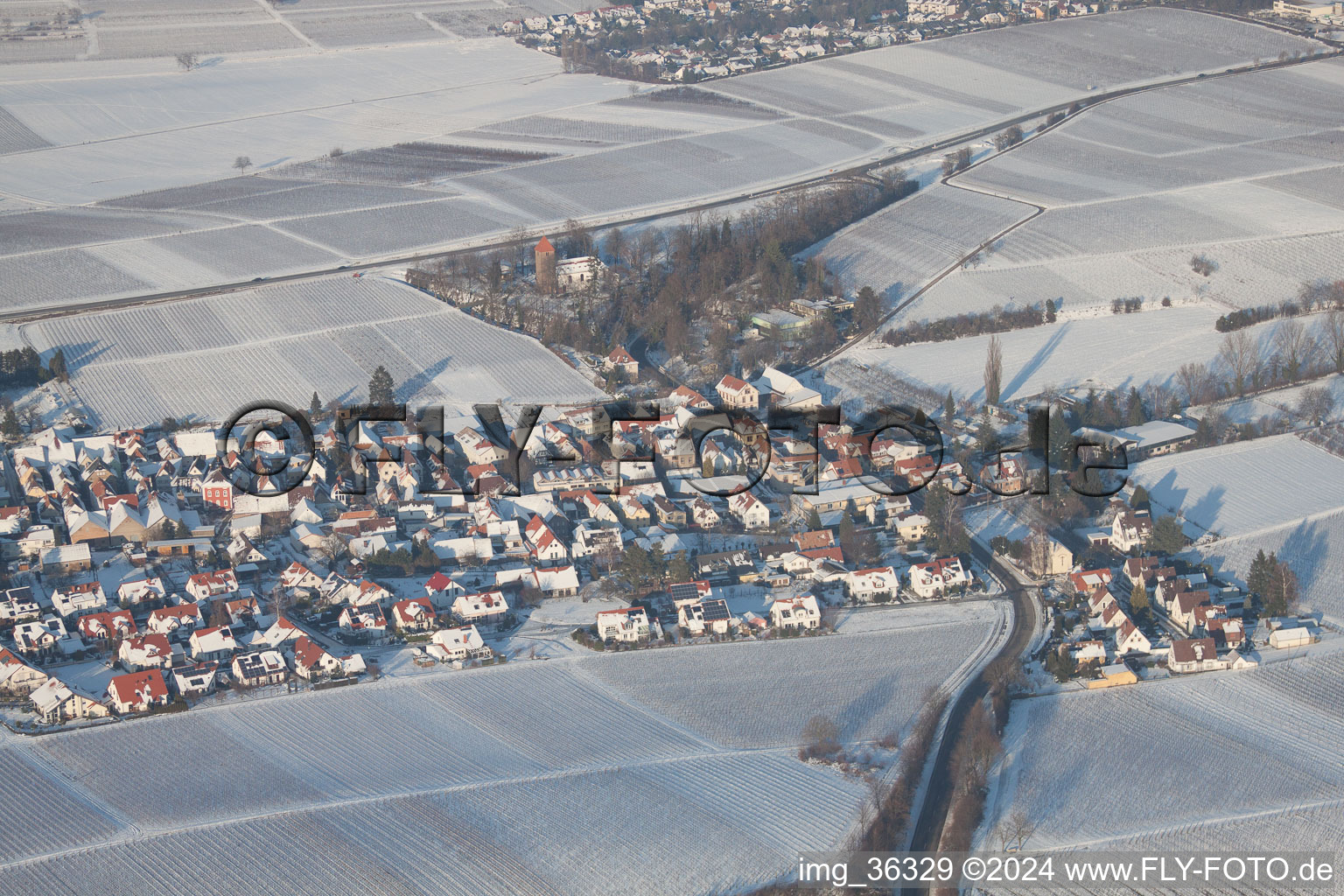 Aerial view of In winter in the snow in the district Mörzheim in Landau in der Pfalz in the state Rhineland-Palatinate, Germany