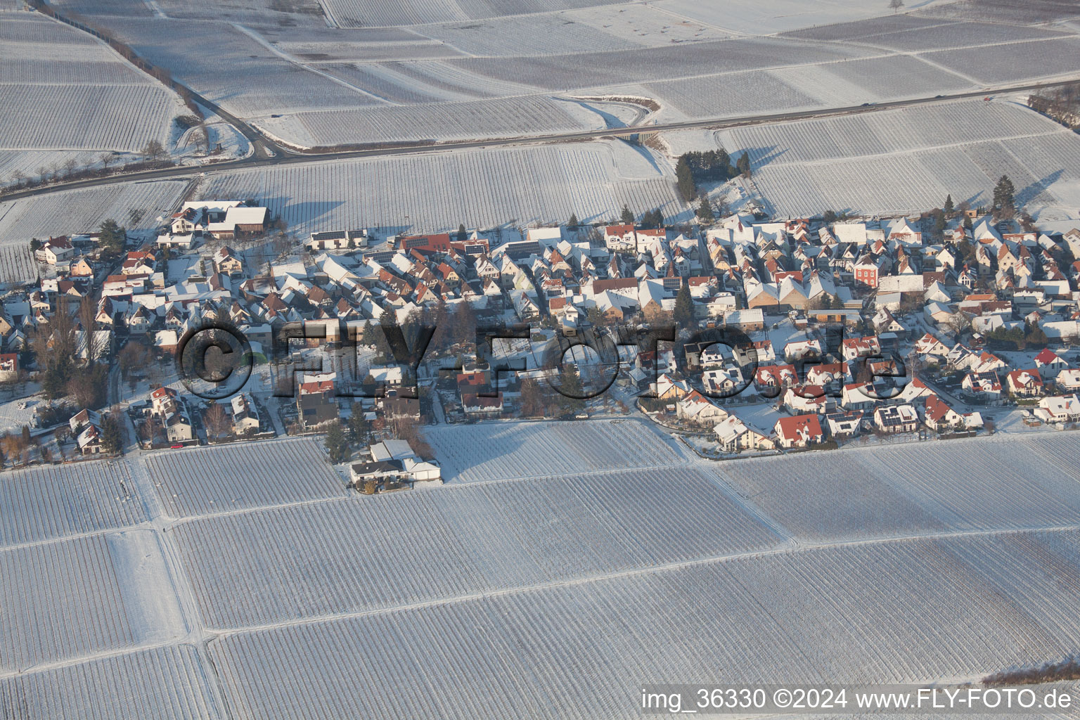 Aerial photograpy of In the snow in winter in the district Mörzheim in Landau in der Pfalz in the state Rhineland-Palatinate, Germany