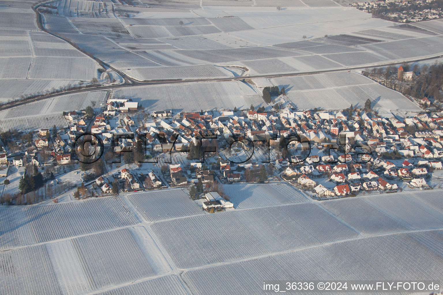 Oblique view of In winter in the snow in the district Mörzheim in Landau in der Pfalz in the state Rhineland-Palatinate, Germany