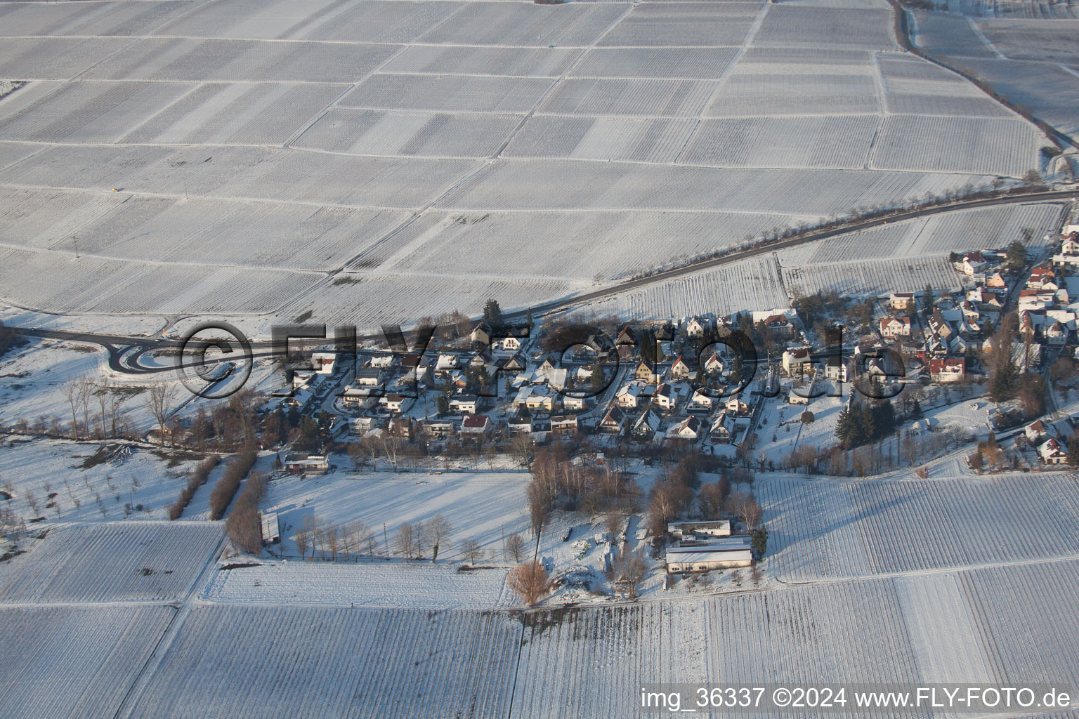 In winter in the snow in the district Mörzheim in Landau in der Pfalz in the state Rhineland-Palatinate, Germany from above