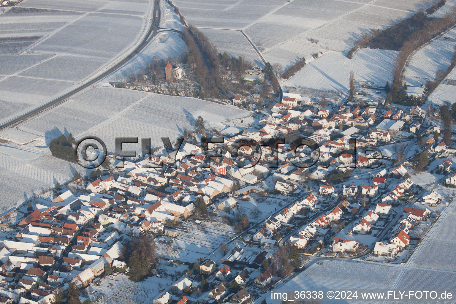 In winter in the snow in the district Mörzheim in Landau in der Pfalz in the state Rhineland-Palatinate, Germany out of the air