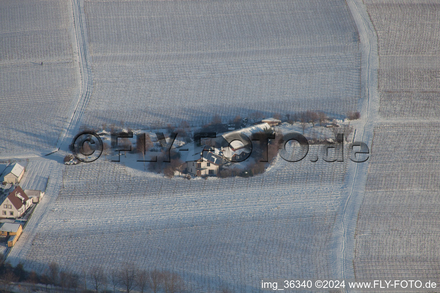 In winter in the snow in the district Mörzheim in Landau in der Pfalz in the state Rhineland-Palatinate, Germany seen from above