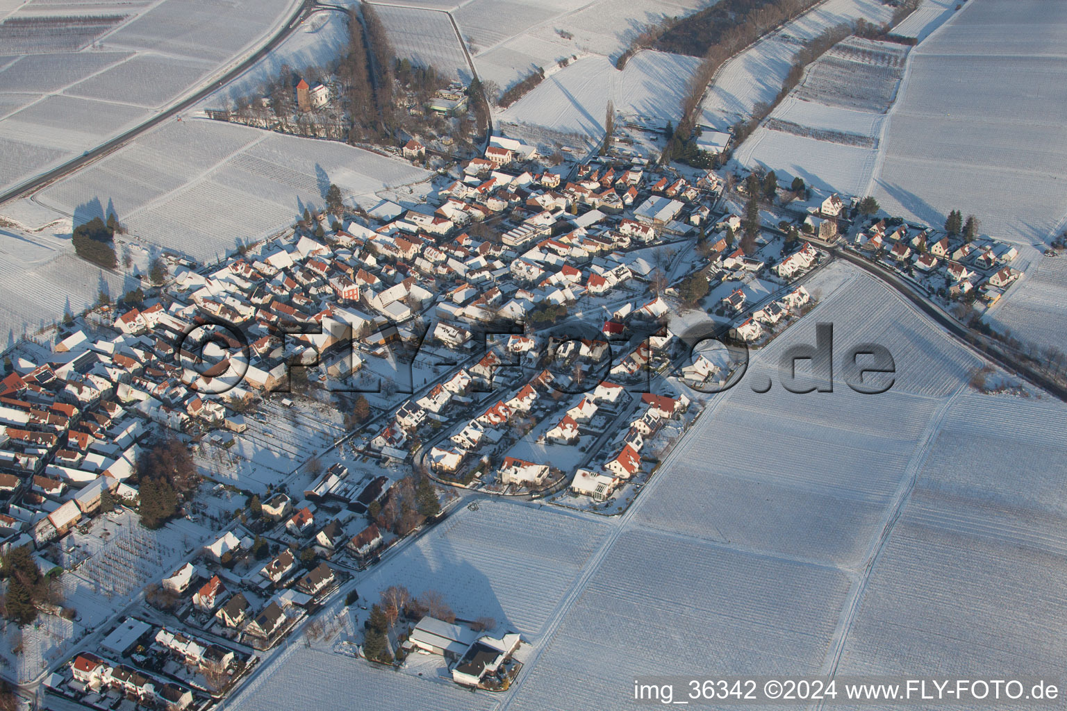 In the snow in winter in the district Mörzheim in Landau in der Pfalz in the state Rhineland-Palatinate, Germany from the plane