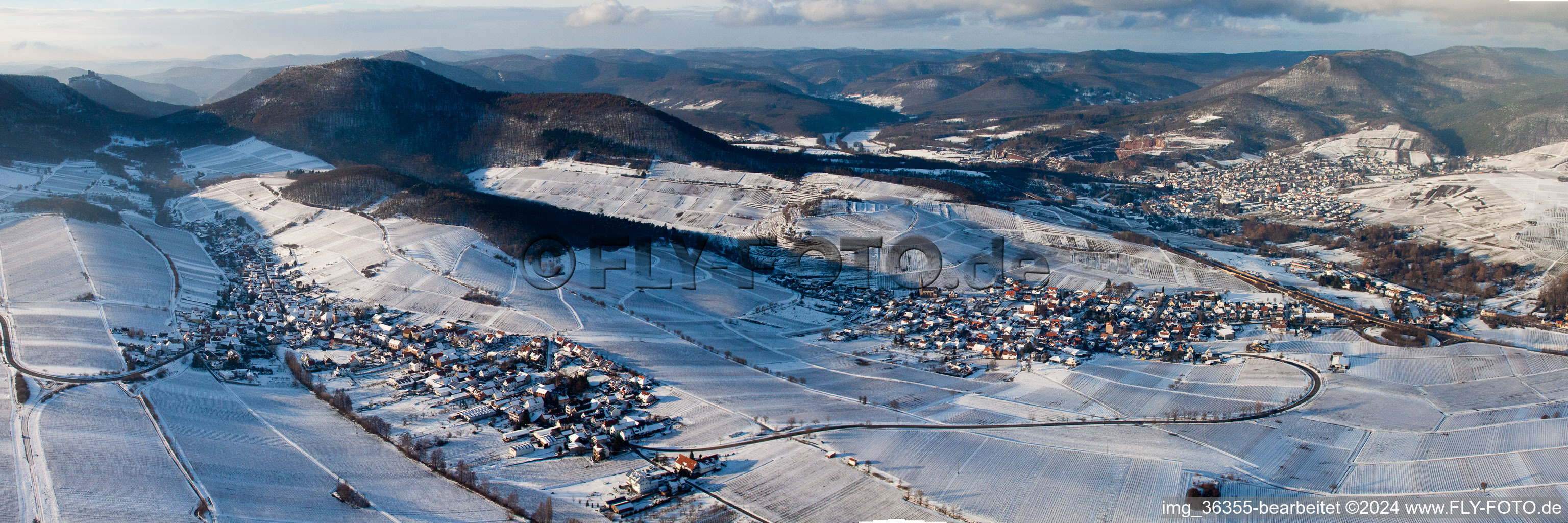 Wintry snowy Panorama from the local area and environment in Birkweiler in the state Rhineland-Palatinate
