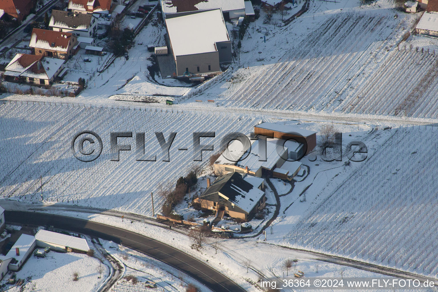 Aerial view of Gies-Düppel Winery in Birkweiler in the state Rhineland-Palatinate, Germany