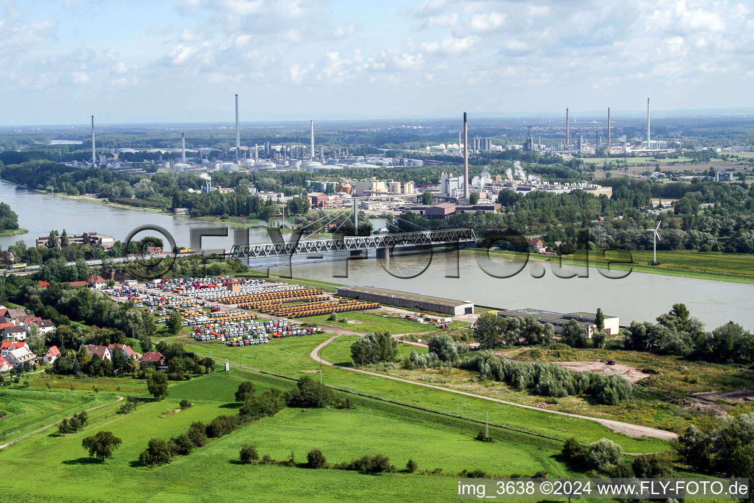 Aerial view of Rail and Street bridges construction across the Rhine river between Karlsruhe and Woerth am Rhein in the state Rhineland-Palatinate, Germany