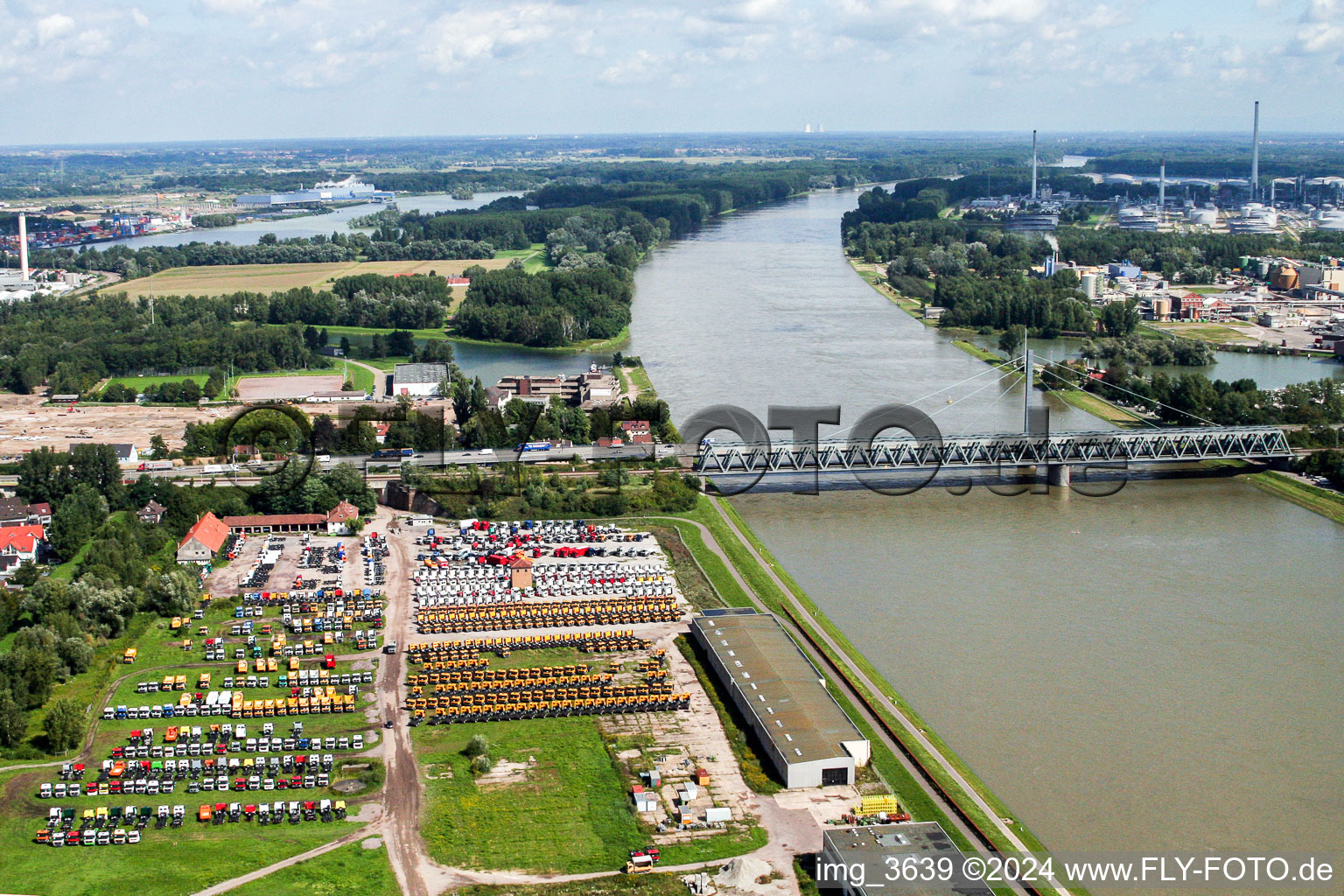 Aerial photograpy of Rail and Street bridges construction across the Rhine river between Karlsruhe and Woerth am Rhein in the state Rhineland-Palatinate, Germany