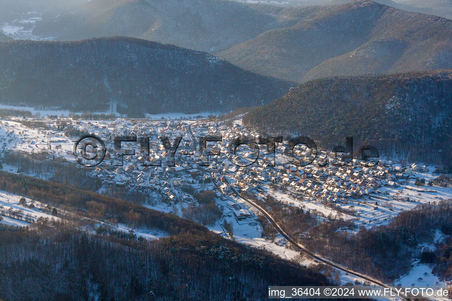 Winter snow covered village view in Wernersberg in the state Rhineland-Palatinate, Germany