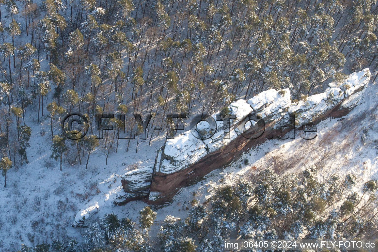 Aerial view of Asselstein in the snow in Annweiler am Trifels in the state Rhineland-Palatinate, Germany