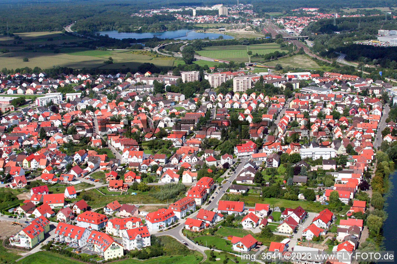 Drone recording of District Maximiliansau in Wörth am Rhein in the state Rhineland-Palatinate, Germany