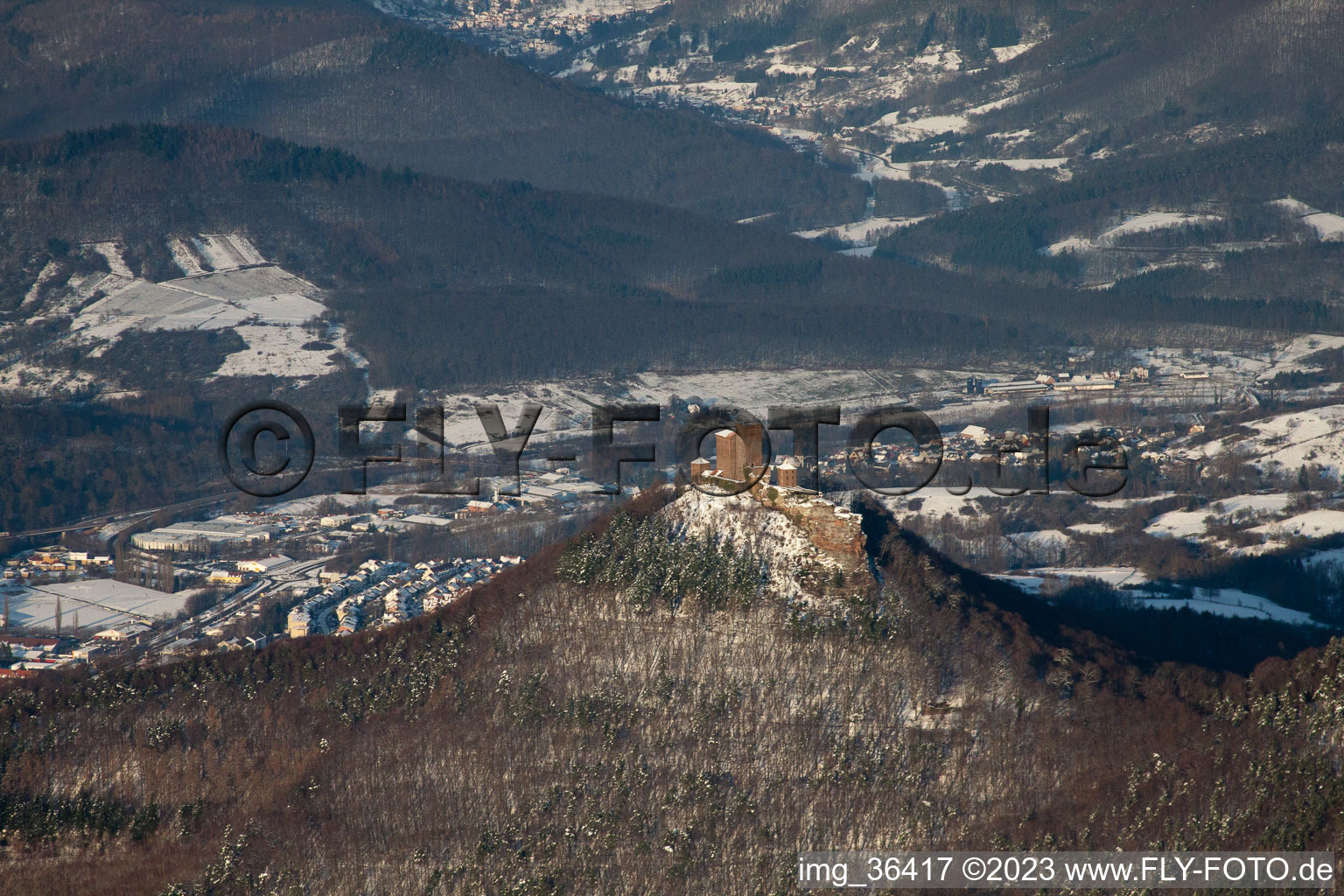 Aerial photograpy of Trifels Castle in the snow in Annweiler am Trifels in the state Rhineland-Palatinate, Germany