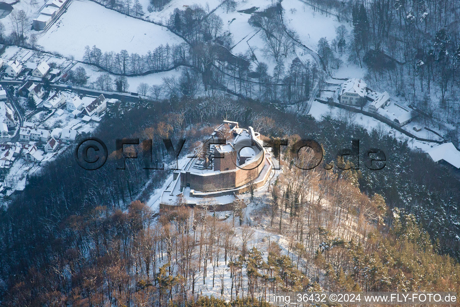 Landeck ruins in winter with snow in Klingenmünster in the state Rhineland-Palatinate, Germany