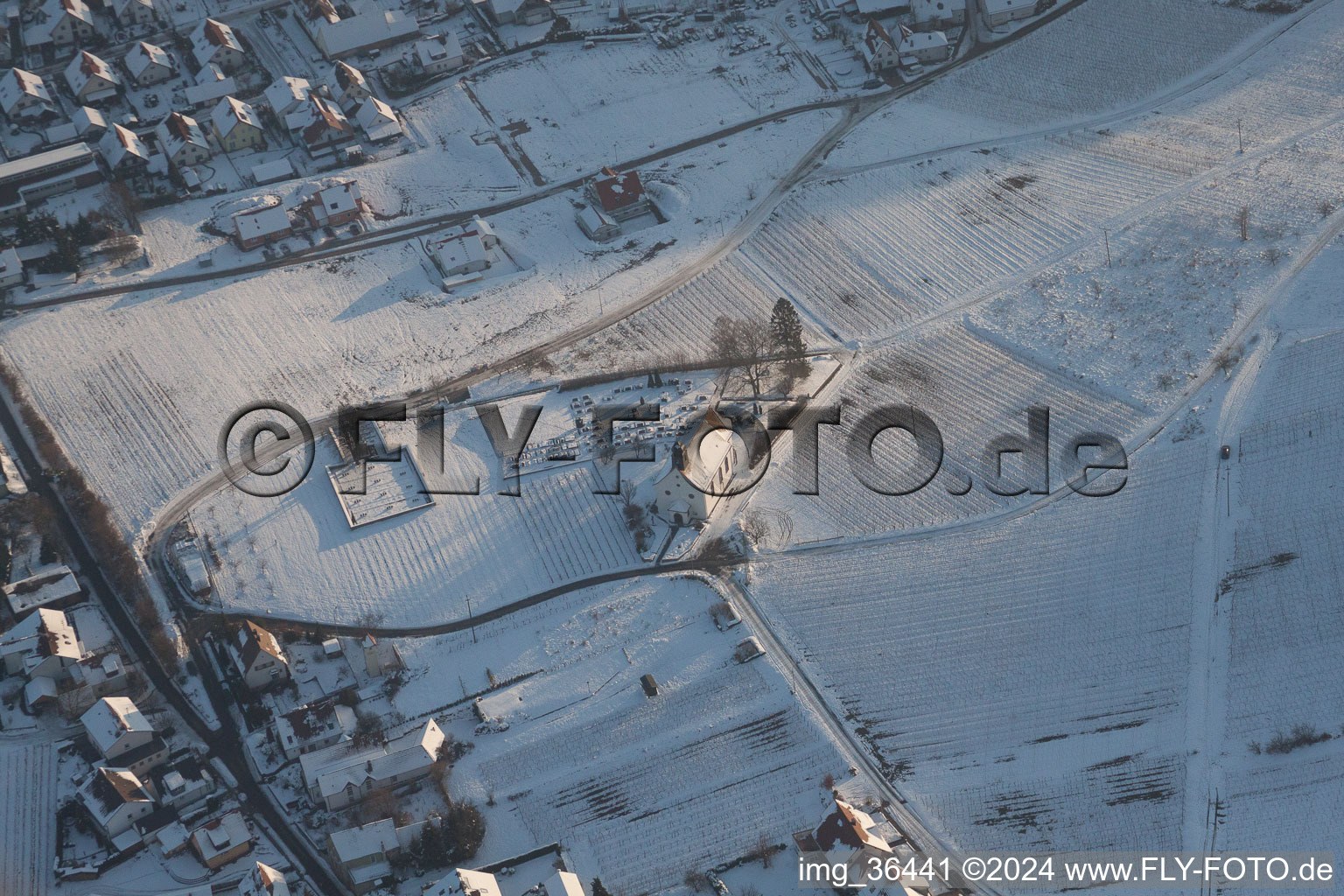 Aerial view of Dionisius Chapel in winter in the district Gleiszellen in Gleiszellen-Gleishorbach in the state Rhineland-Palatinate, Germany