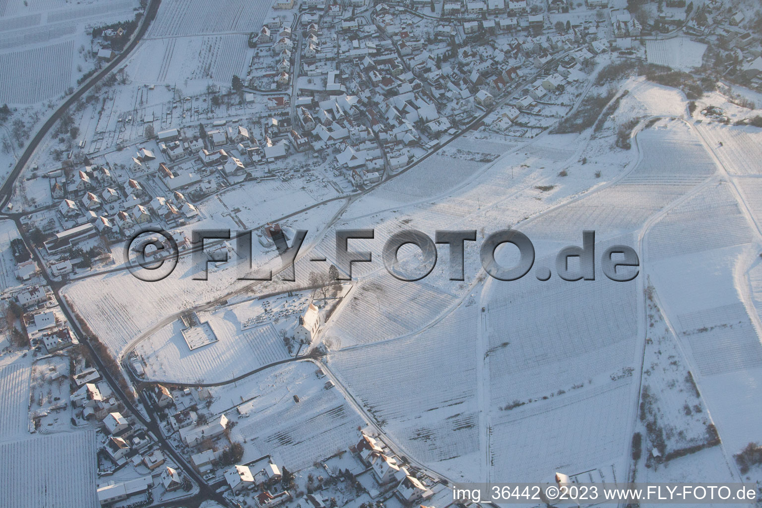 Aerial photograpy of Dionisius Chapel in winter in the district Gleiszellen in Gleiszellen-Gleishorbach in the state Rhineland-Palatinate, Germany