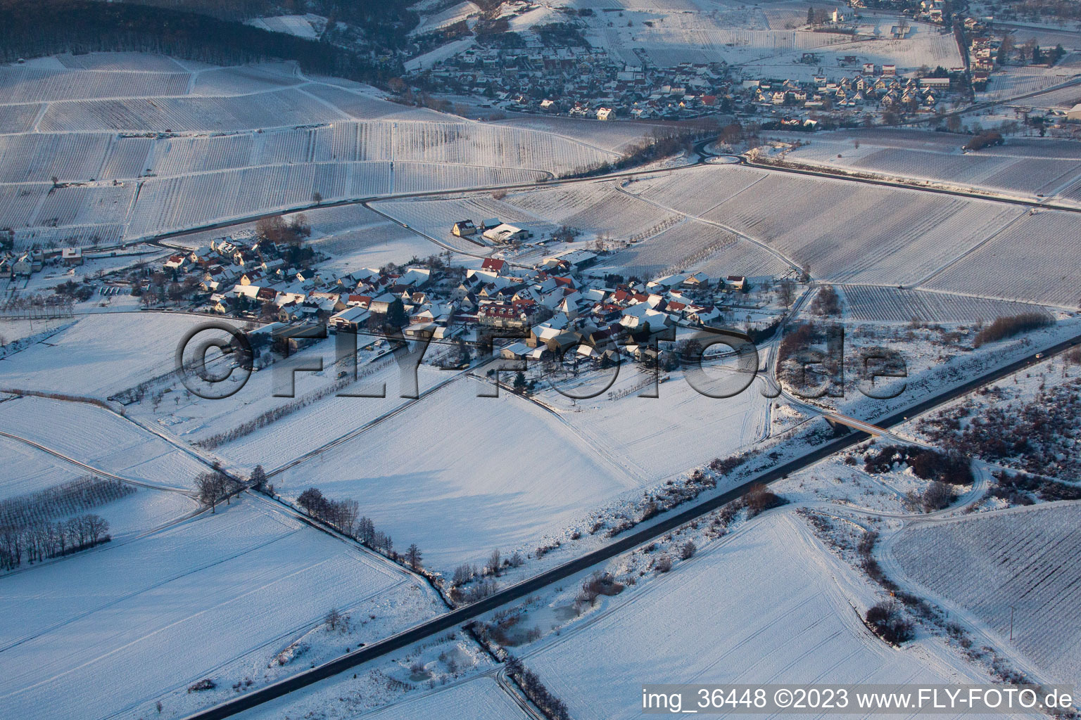 Aerial view of In winter in the district Oberhofen in Pleisweiler-Oberhofen in the state Rhineland-Palatinate, Germany