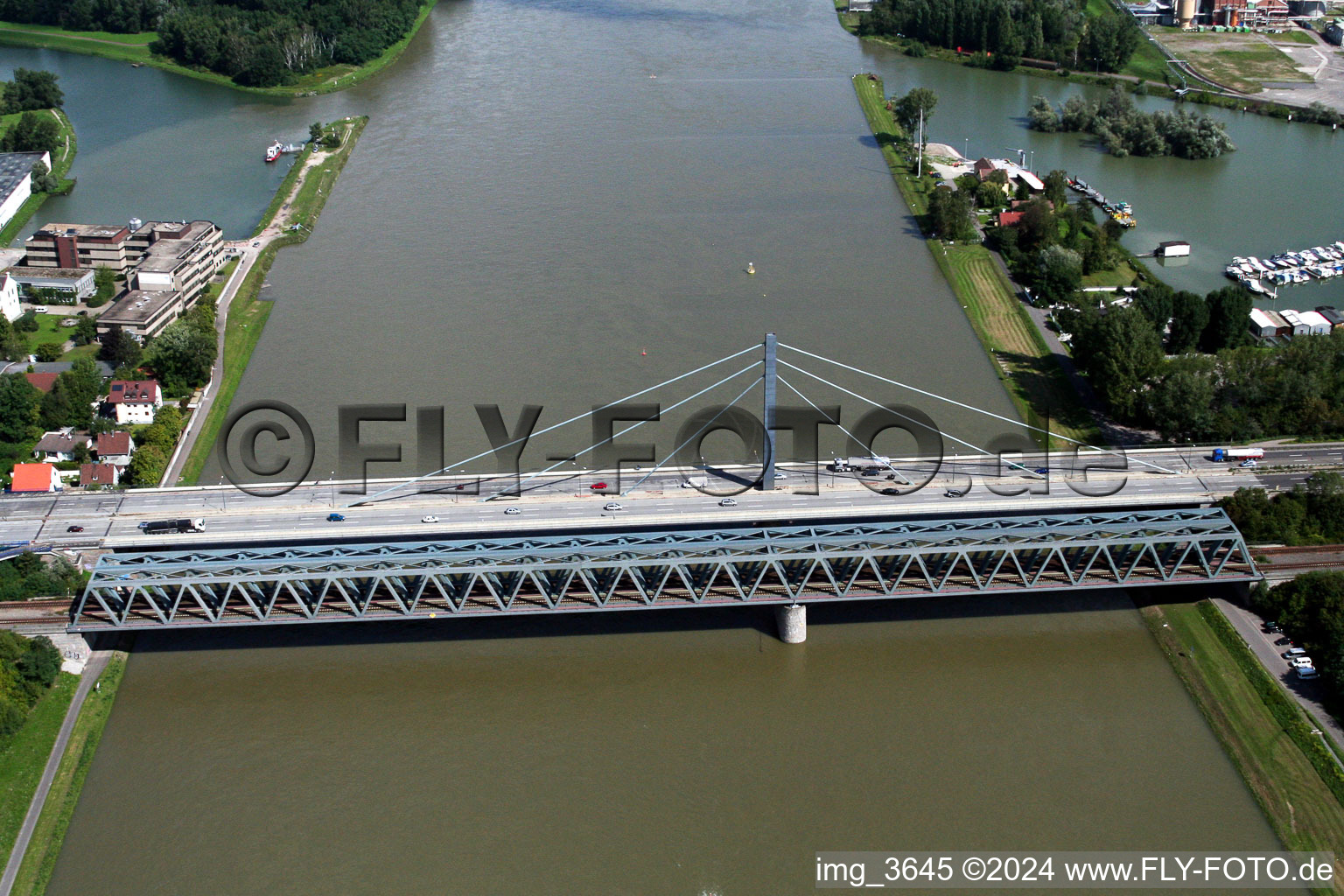 Aerial view of River - bridge construction across the Rhine in the district Knielingen in Karlsruhe in the state Baden-Wurttemberg, Germany