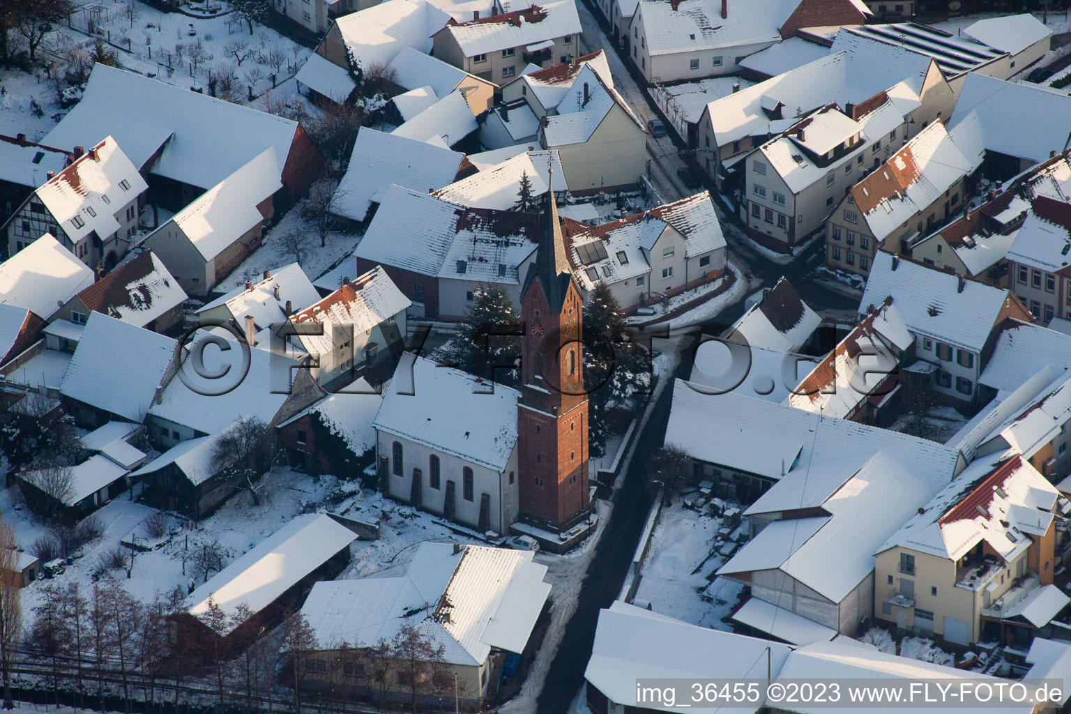 Aerial view of In winter/snow in the district Drusweiler in Kapellen-Drusweiler in the state Rhineland-Palatinate, Germany