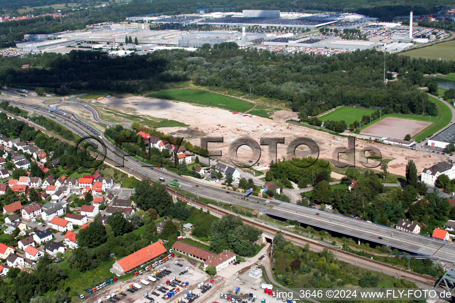 Aerial view of Specialist market centre construction site in the district Maximiliansau in Wörth am Rhein in the state Rhineland-Palatinate, Germany