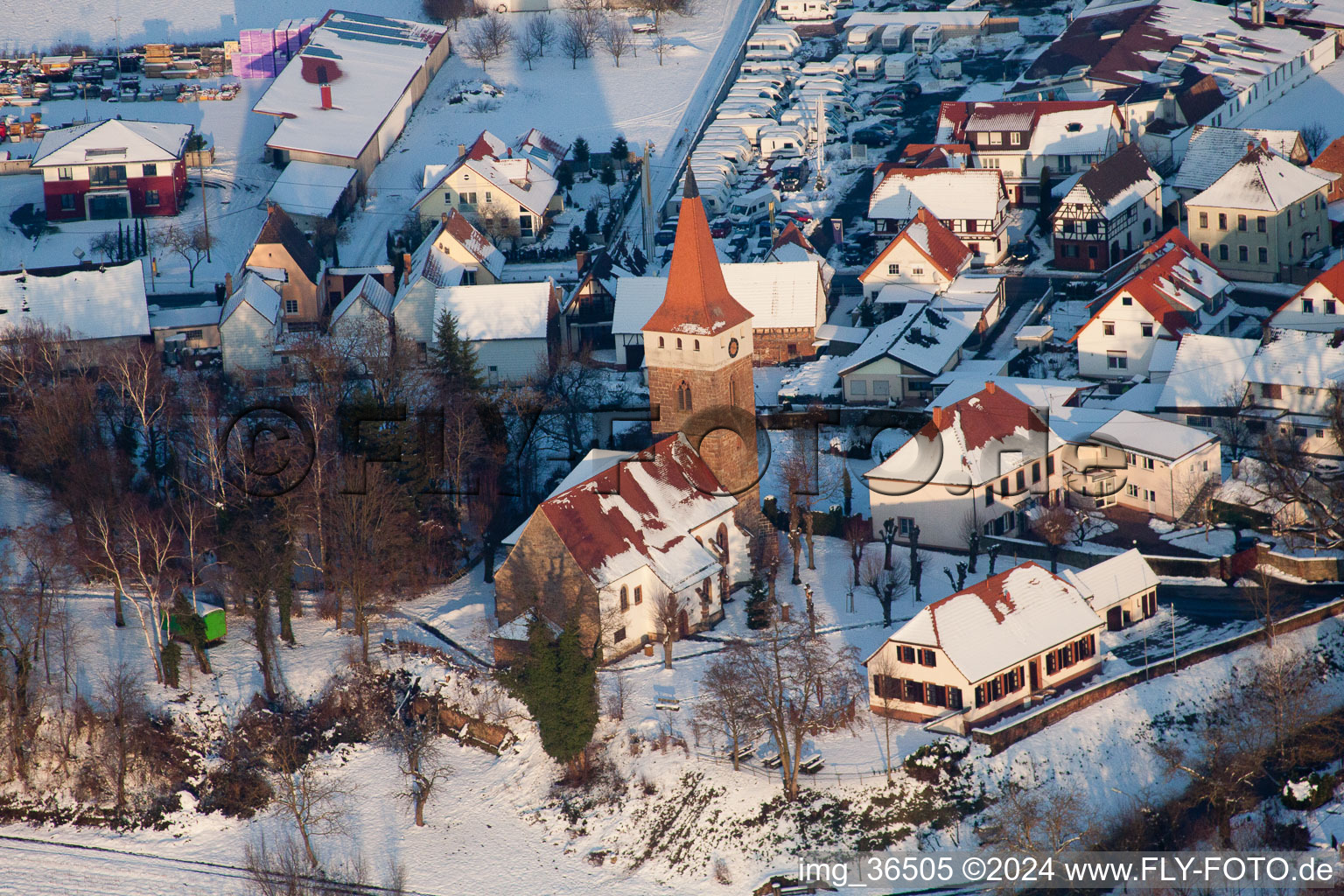 Aerial view of Protestant Church in Minfeld in the state Rhineland-Palatinate, Germany