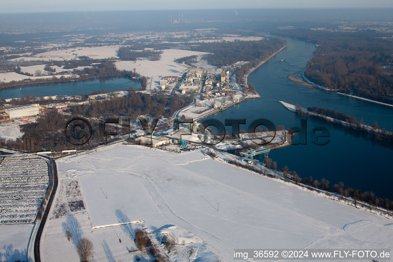 Aerial photograpy of Rhine port in Lauterbourg in the state Bas-Rhin, France