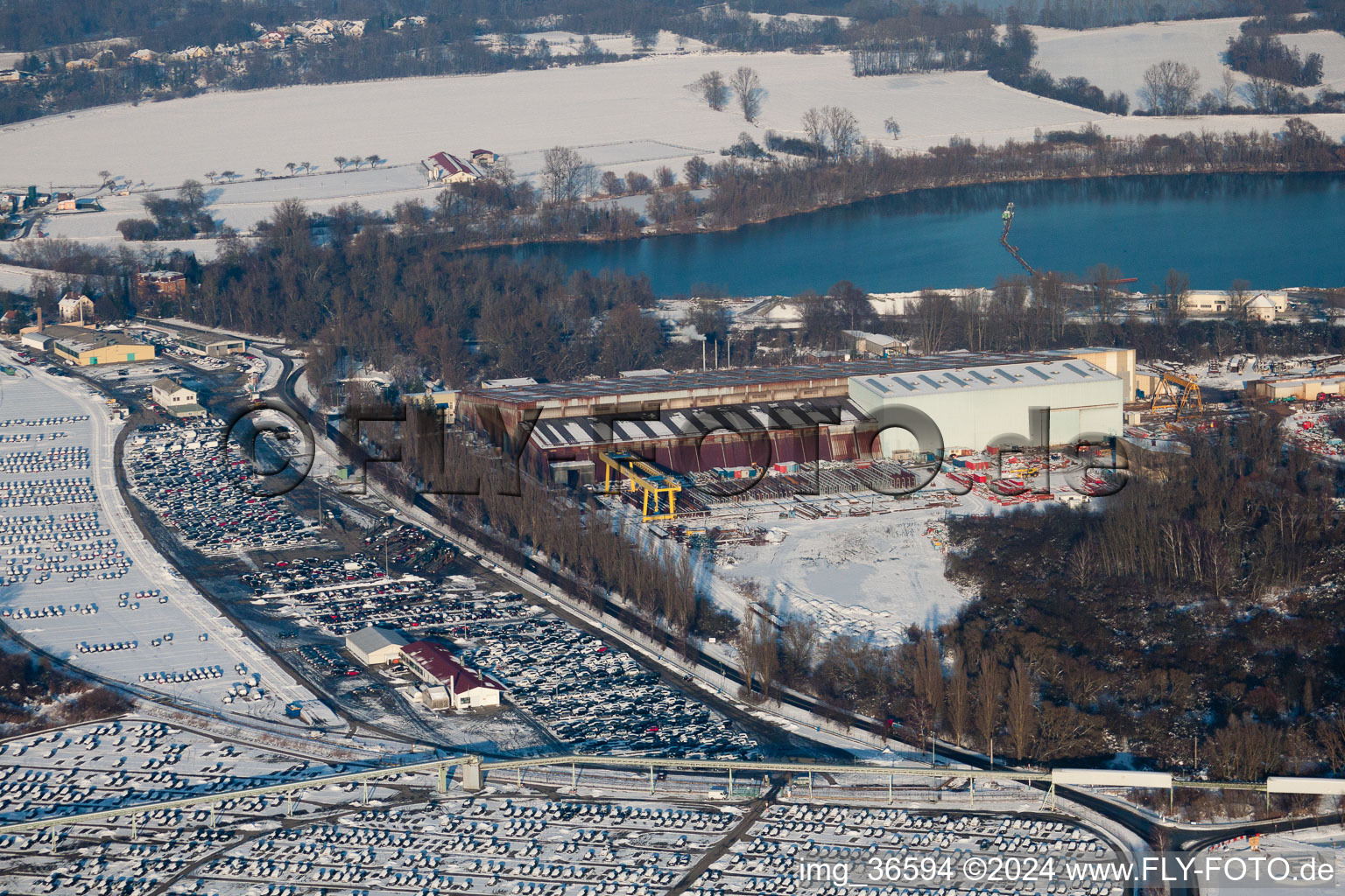 Rhine port in Lauterbourg in the state Bas-Rhin, France from above