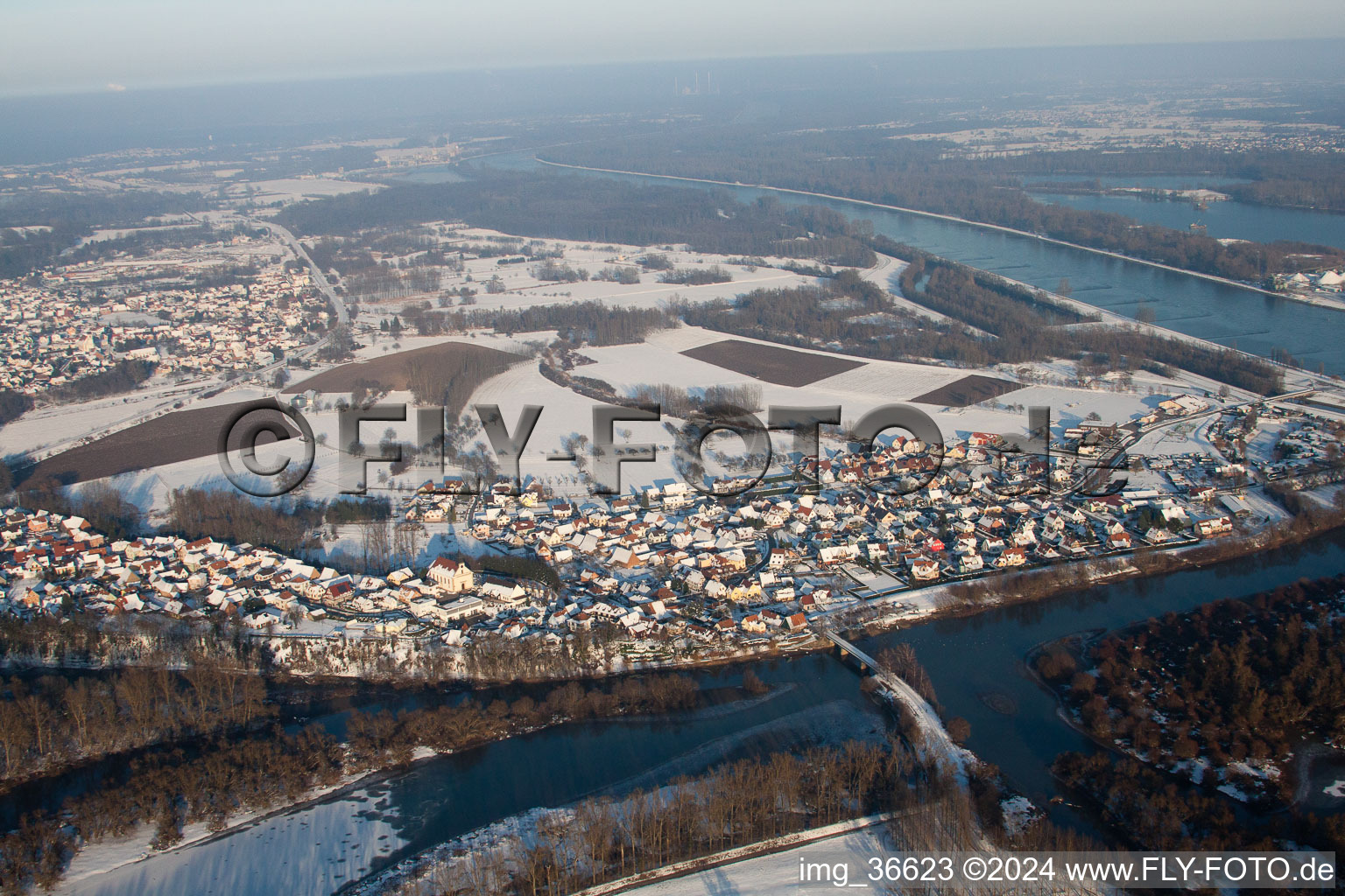 Oblique view of Sauer estuary in Munchhausen in the state Bas-Rhin, France