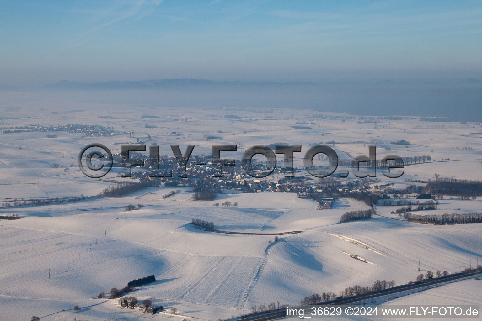 Oblique view of In winter when there is snow in Neewiller-près-Lauterbourg in the state Bas-Rhin, France