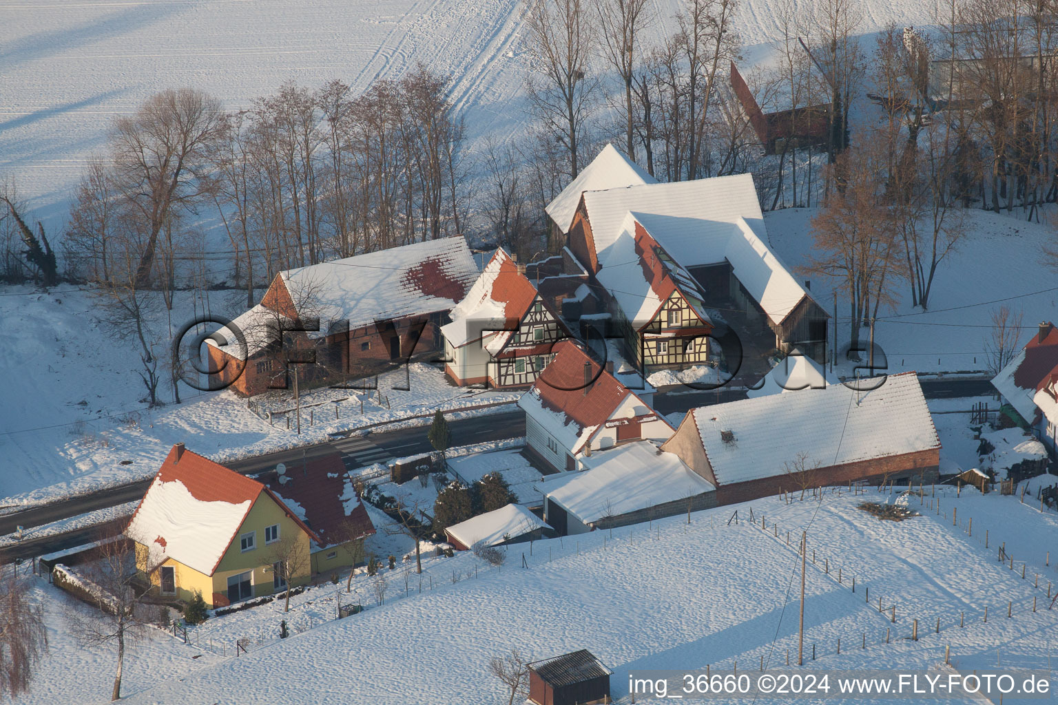 In winter when there is snow in Neewiller-près-Lauterbourg in the state Bas-Rhin, France viewn from the air