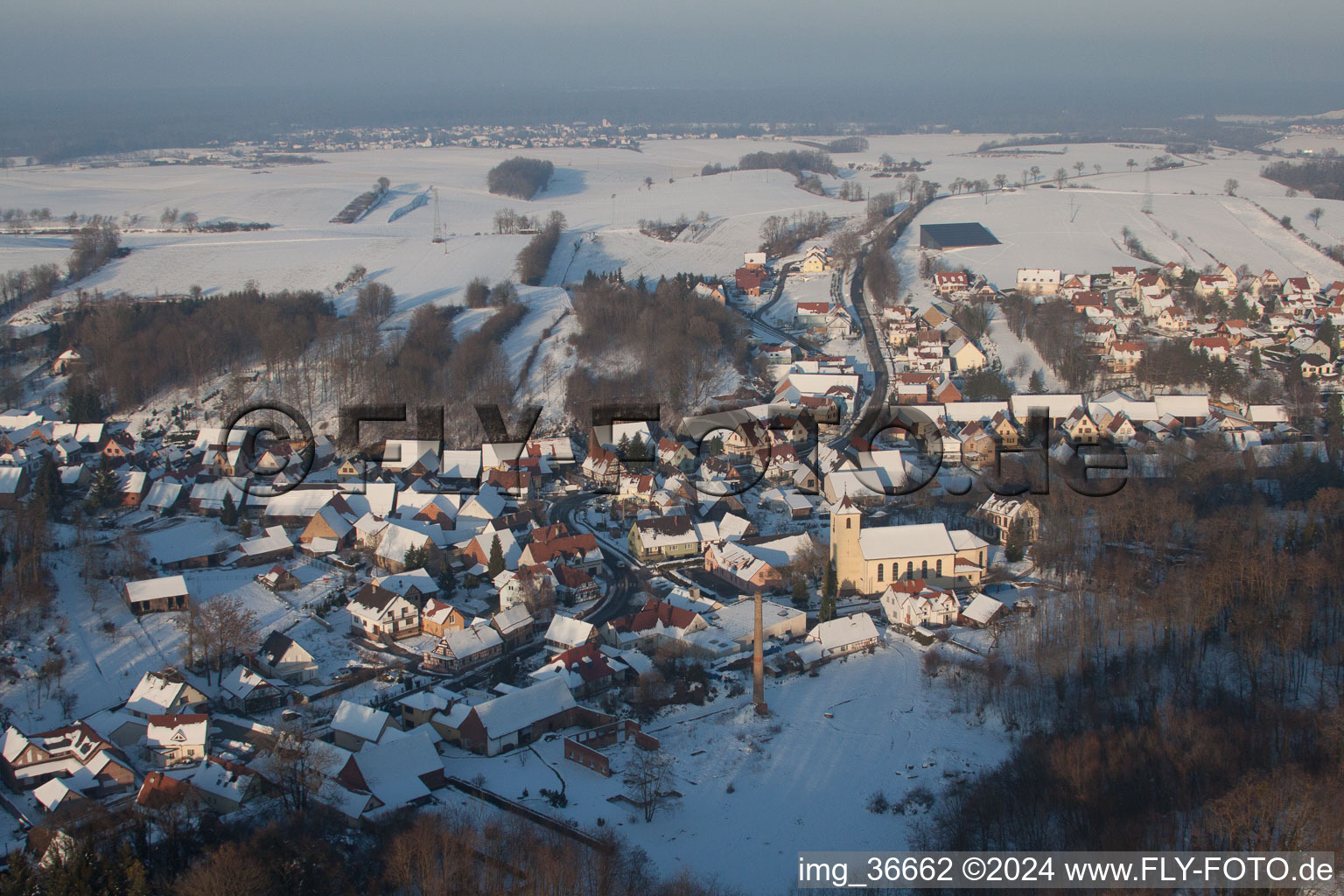 Drone image of In winter when there is snow in Neewiller-près-Lauterbourg in the state Bas-Rhin, France