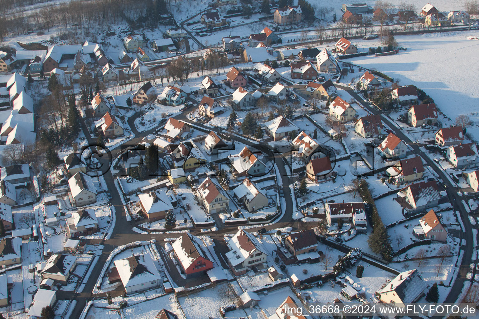 Aerial photograpy of In winter when there is snow in Neewiller-près-Lauterbourg in the state Bas-Rhin, France