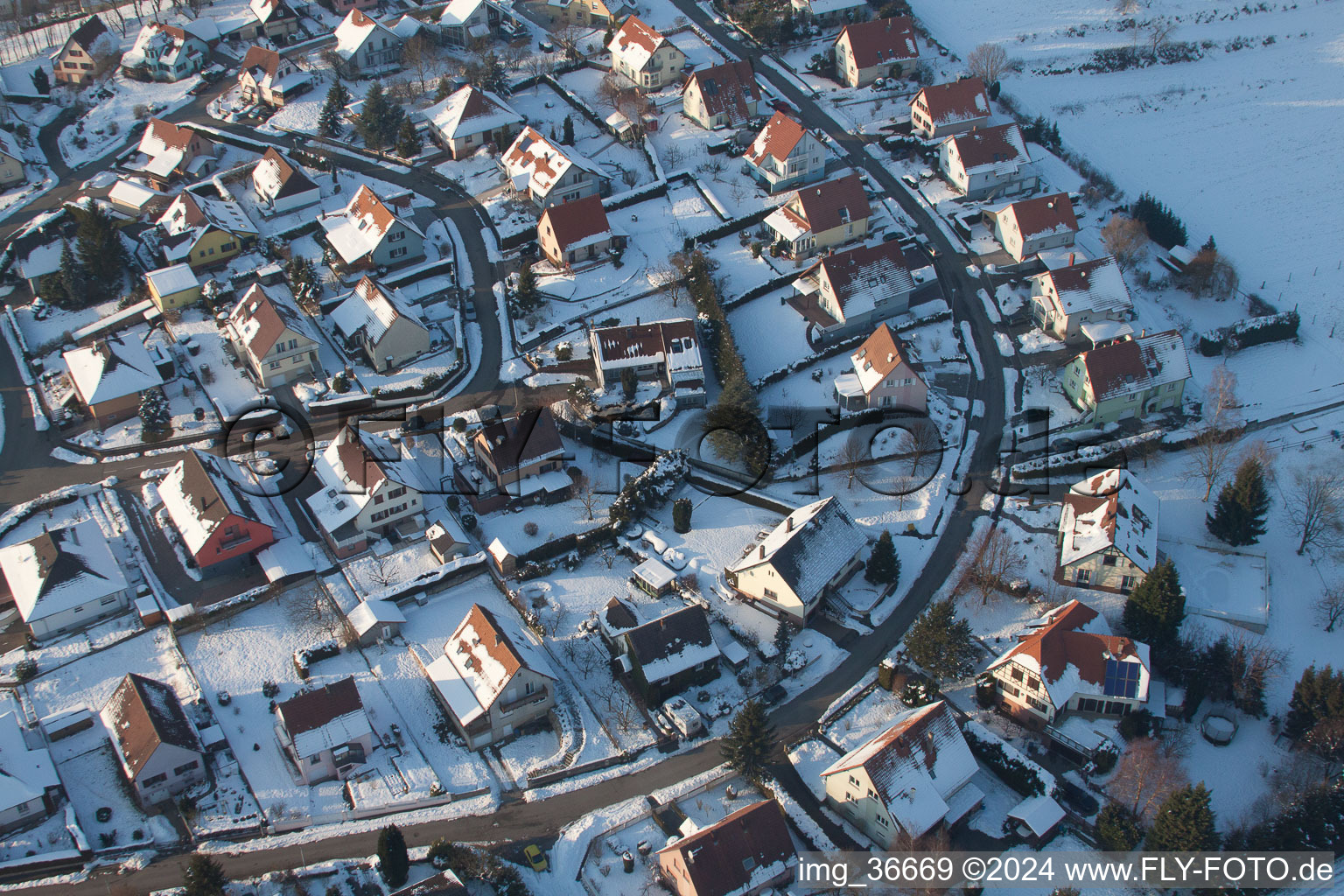 Oblique view of In winter when there is snow in Neewiller-près-Lauterbourg in the state Bas-Rhin, France