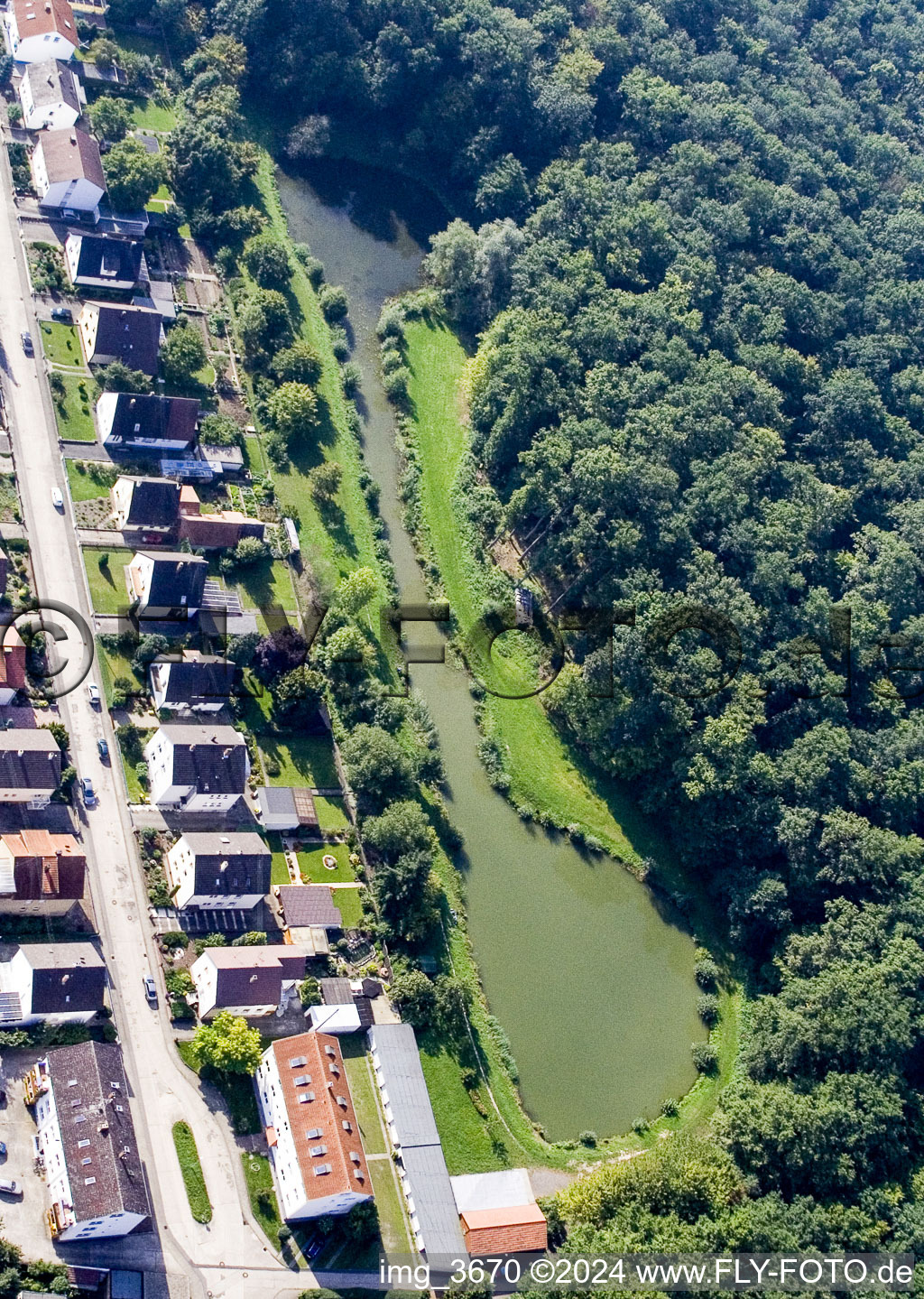 Aerial view of Polizeiweier Fishing Club in Kandel in the state Rhineland-Palatinate, Germany