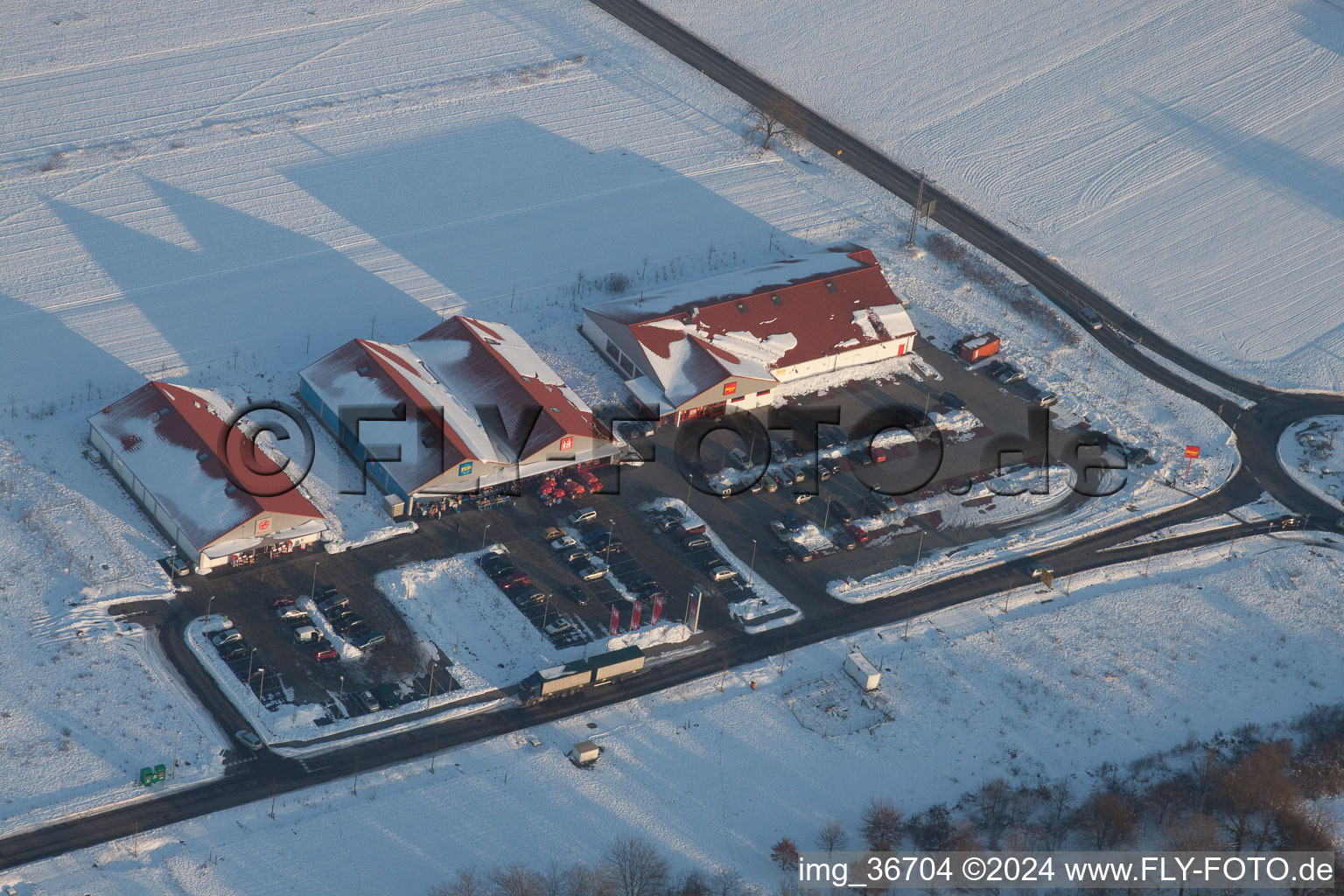 Shopping center on the border in winter in the district Neulauterburg in Berg in the state Rhineland-Palatinate, Germany