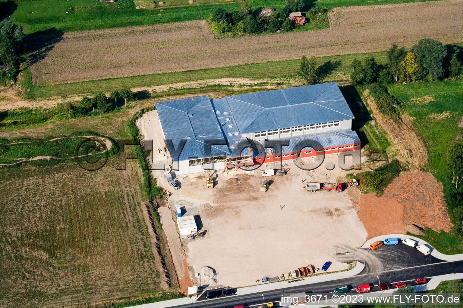Aerial view of New construction of a multi-purpose hall in Kandel in the state Rhineland-Palatinate, Germany