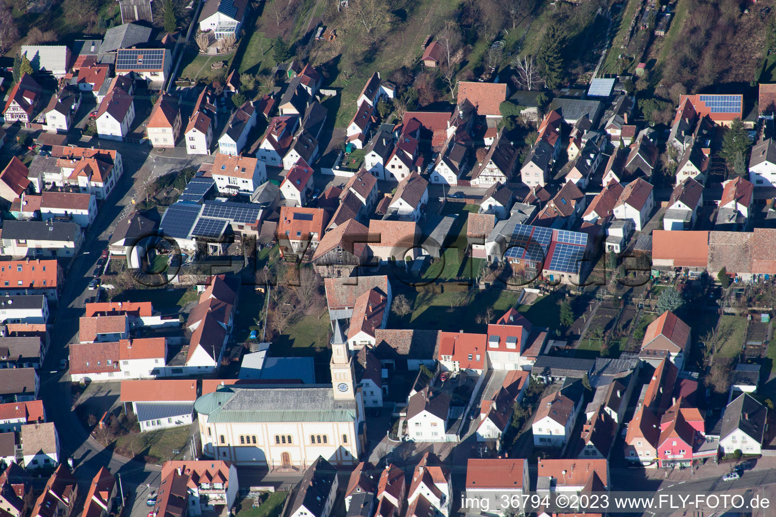 Aerial view of Lingenfeld in the state Rhineland-Palatinate, Germany