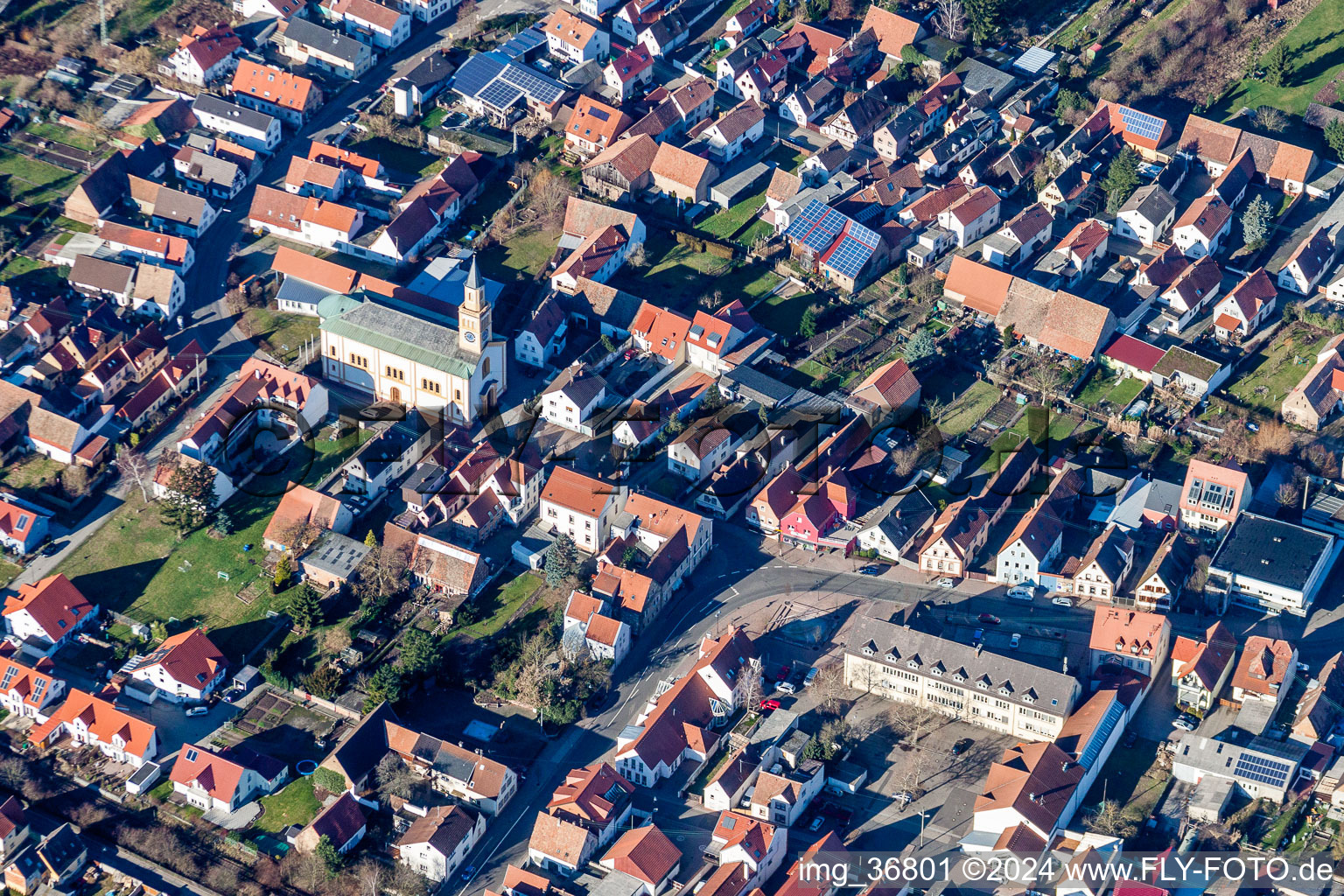 Aerial photograpy of Church building in the village of in Lingenfeld in the state Rhineland-Palatinate, Germany