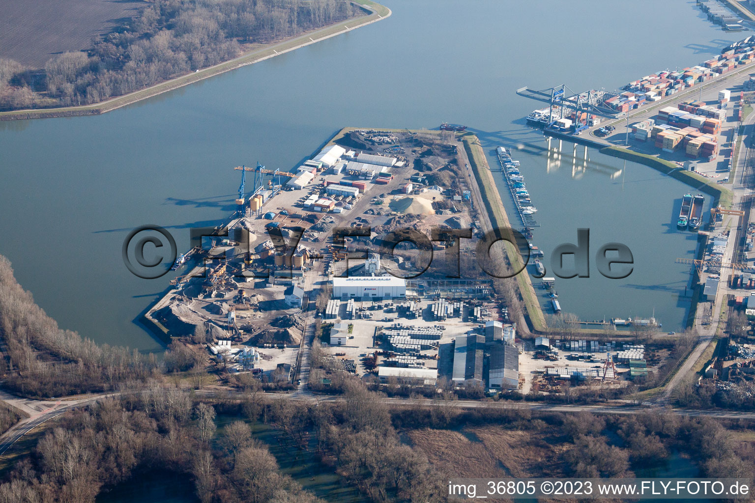 Harbor in Germersheim in the state Rhineland-Palatinate, Germany from the plane