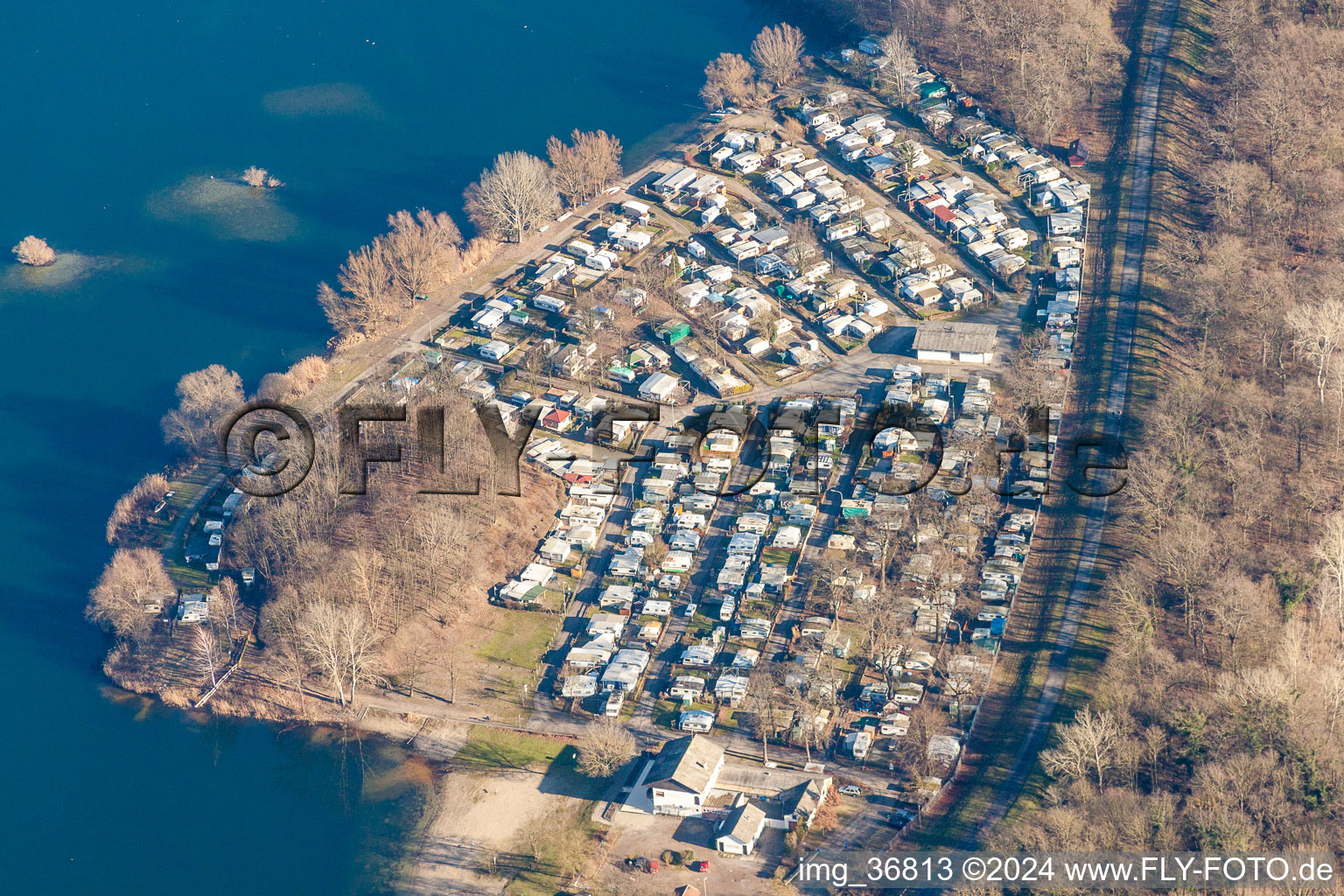 Aerial view of Camping with caravans and tents in Lingenfeld in the state Rhineland-Palatinate, Germany