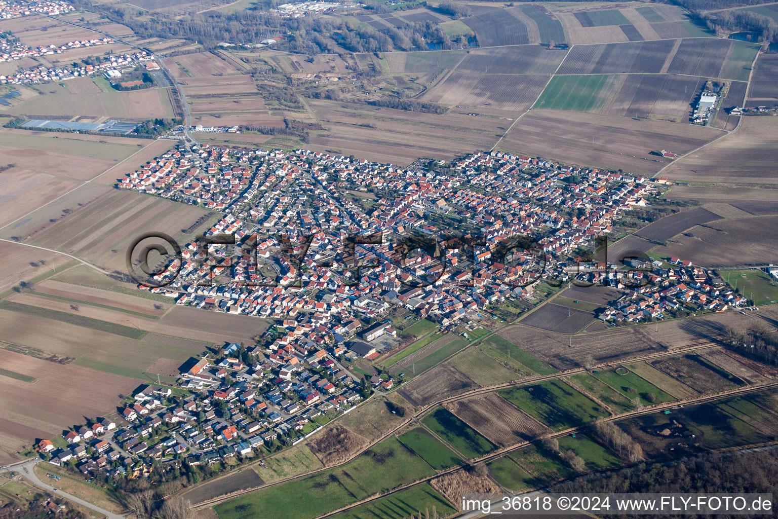 Aerial view of Town View of the streets and houses of the residential areas in the district Mechtersheim in Roemerberg in the state Rhineland-Palatinate, Germany