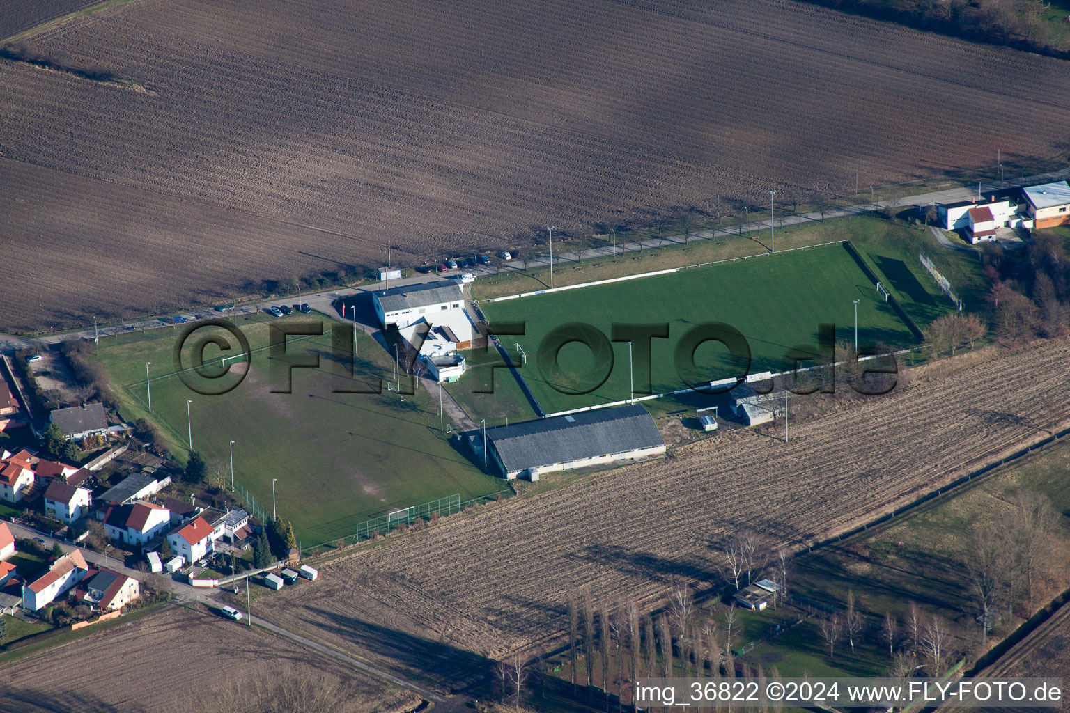 Aerial photograpy of Sports field TuS 1914 eV in the district Mechtersheim in Römerberg in the state Rhineland-Palatinate, Germany