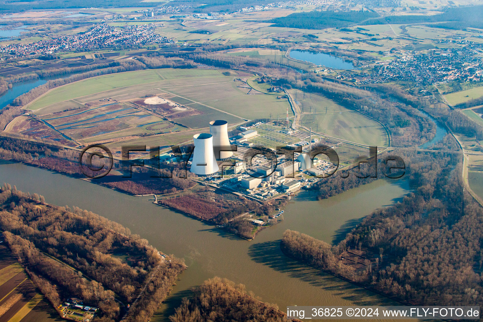 Nuclear power plant in Philippsburg in the state Baden-Wuerttemberg, Germany seen from above