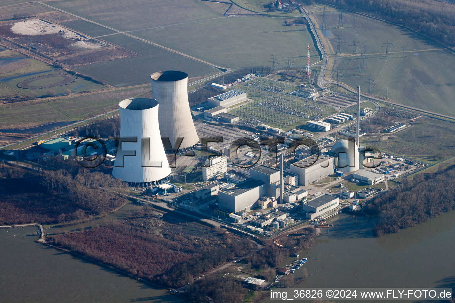 Nuclear power plant in Philippsburg in the state Baden-Wuerttemberg, Germany from the plane