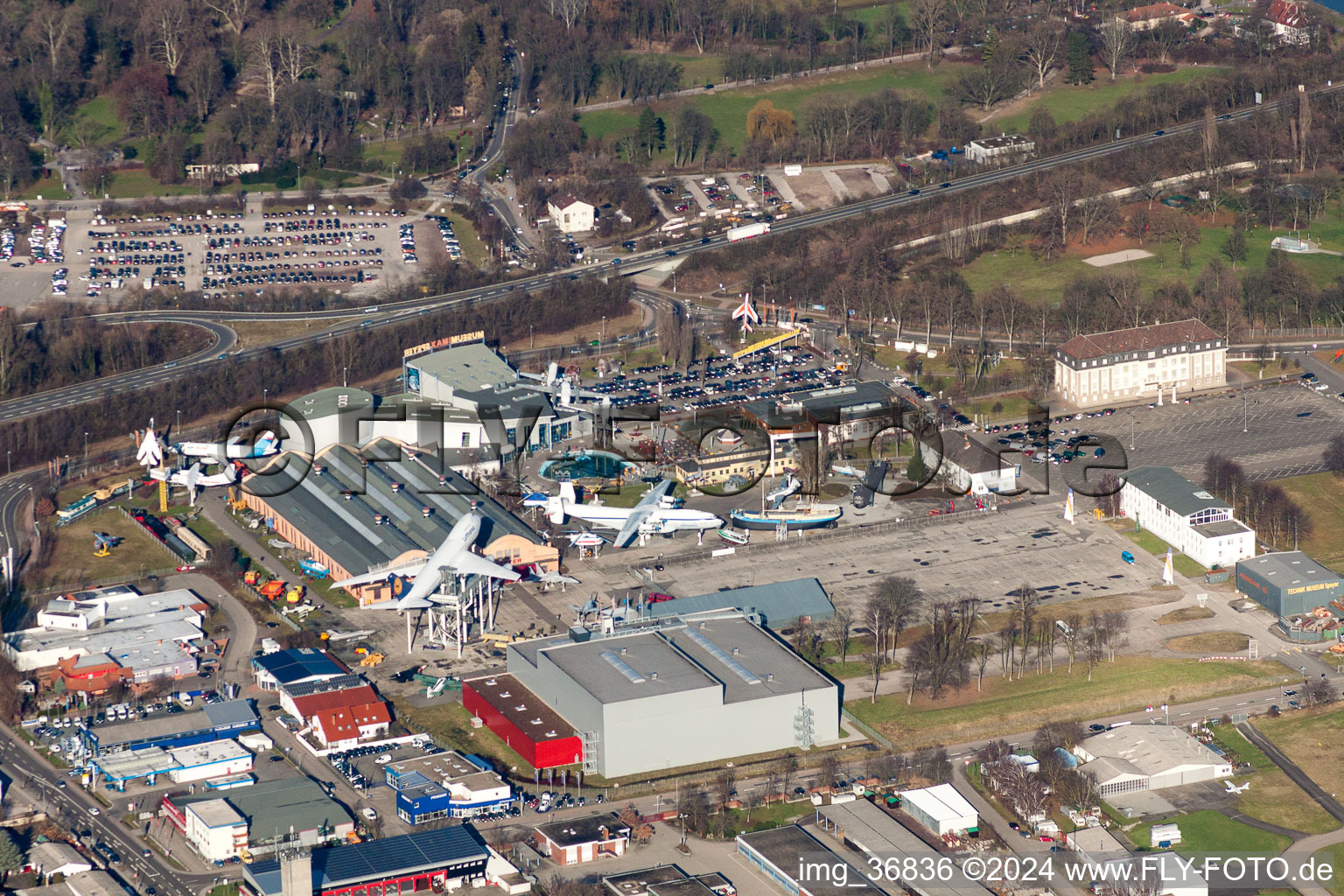 Aerial photograpy of Outdoor exhibition of airplanes and ships in the Technical Museum Speyer in Speyer in the state Rhineland-Palatinate, Germany