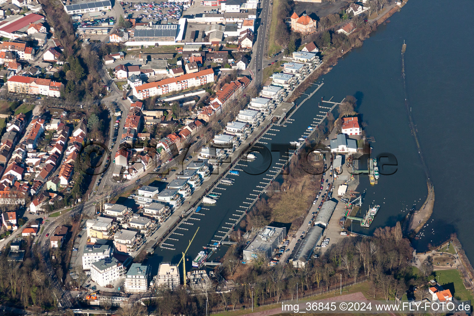 Aerial view of Residential buildings in the development area on the river Rhine quayside of the former port Hafenstrasse in Speyer in the state Rhineland-Palatinate, Germany