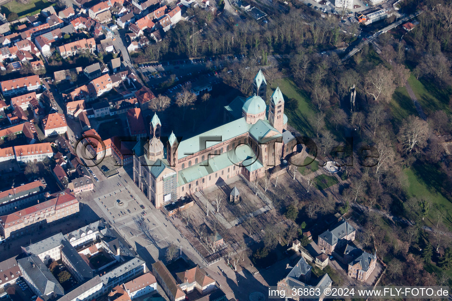 Aerial view of Church building of the cathedral in the old town in Speyer in the state Rhineland-Palatinate