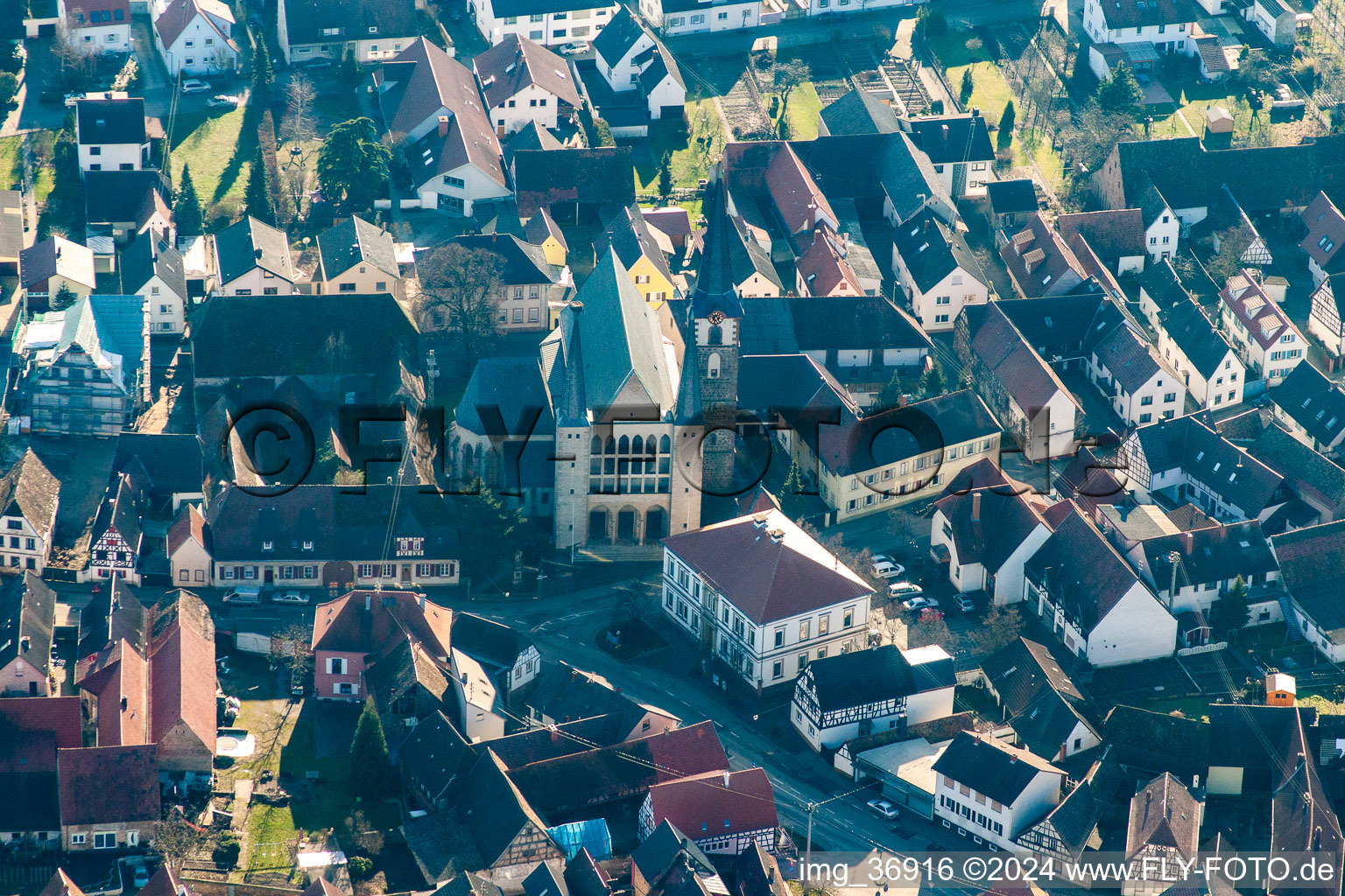 Aerial view of St. Peter and Paul in the district Geinsheim in Neustadt an der Weinstraße in the state Rhineland-Palatinate, Germany