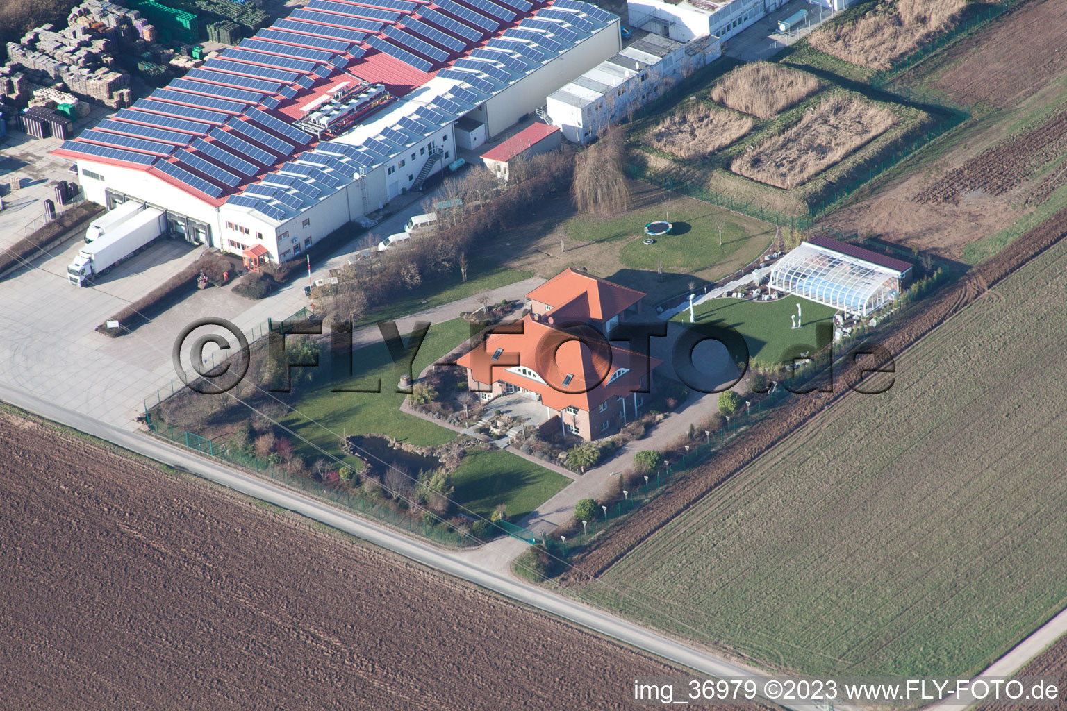 Aerial view of Hortulanushof in Zeiskam in the state Rhineland-Palatinate, Germany